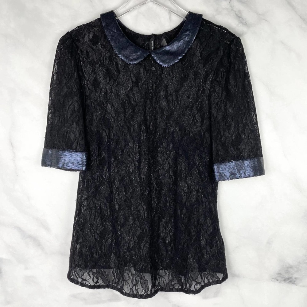 118 Walter Baker Textured Lurex Glittery Lace Sequin Trim Blouse Top Retro Boho